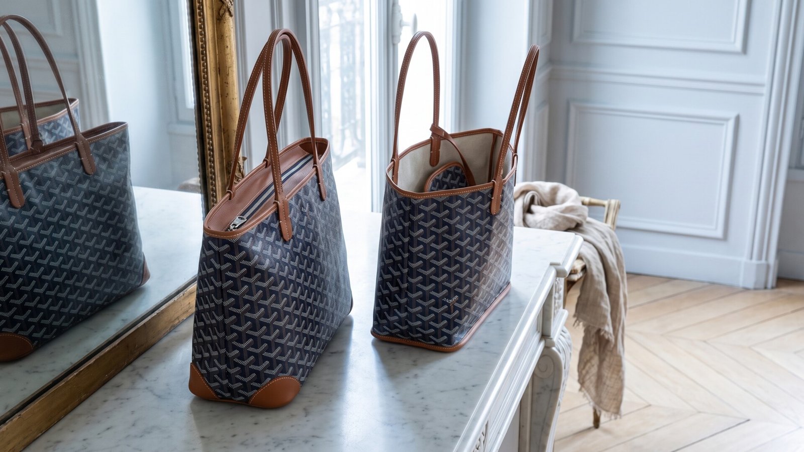 Goyard Artois tote with zippered top beside an open-top Goyard Saint Louis tote on a marble mantel