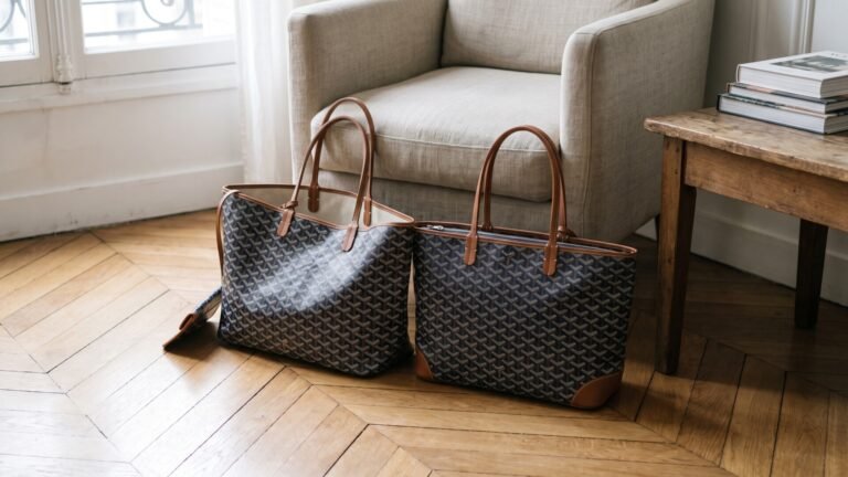 Goyard Saint Louis and Artois totes placed side-by-side on a herringbone wood floor