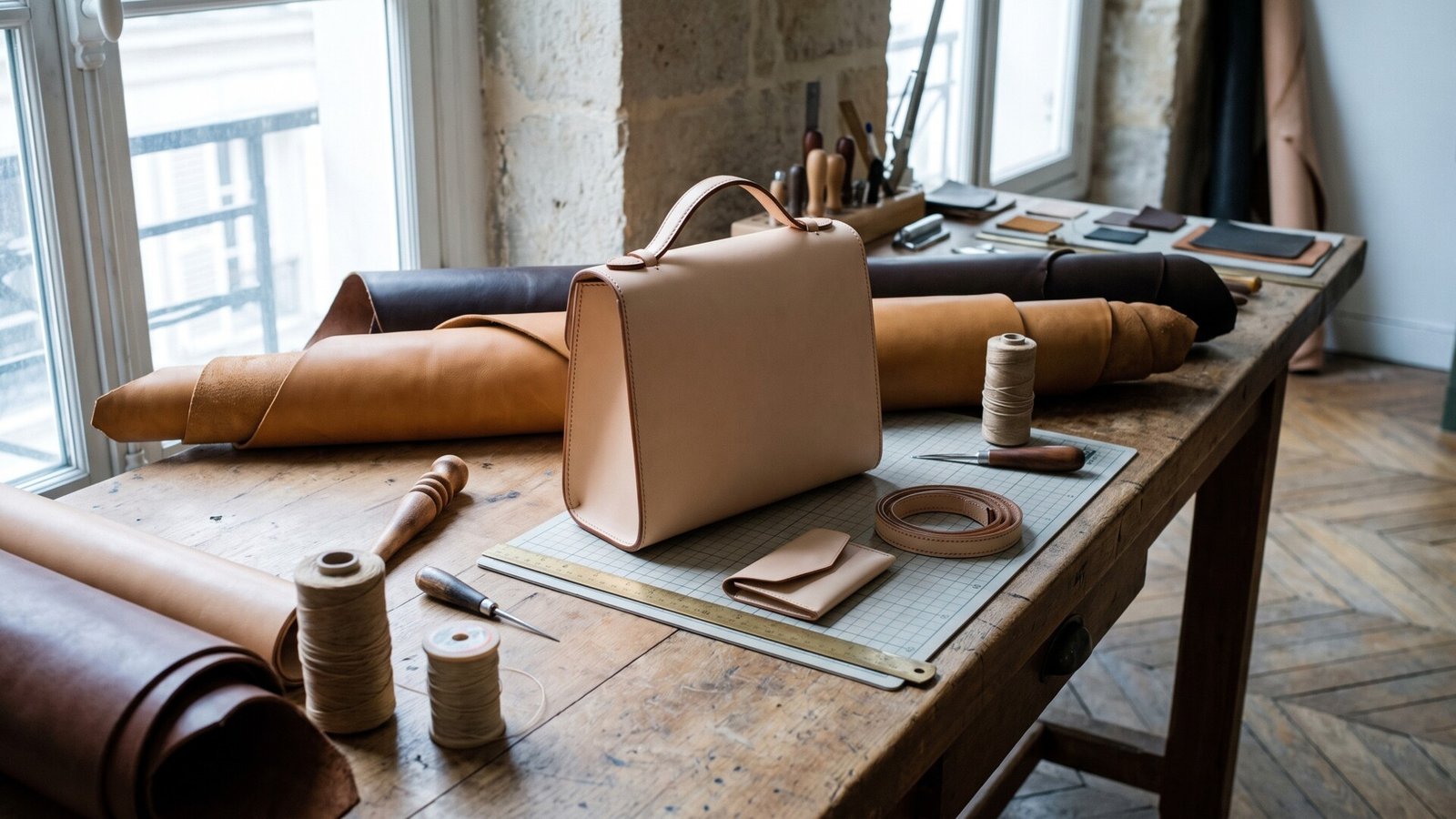 Vegetable-tanned leather handbag and accessories on a workbench with artisan tools in a Parisian workshop