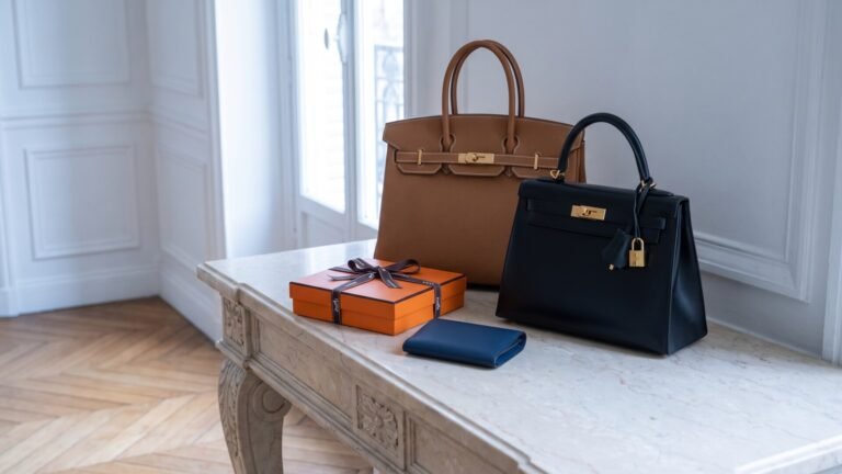 Hermès Birkin and Kelly handbags with an orange gift box and blue leather wallet on a marble table