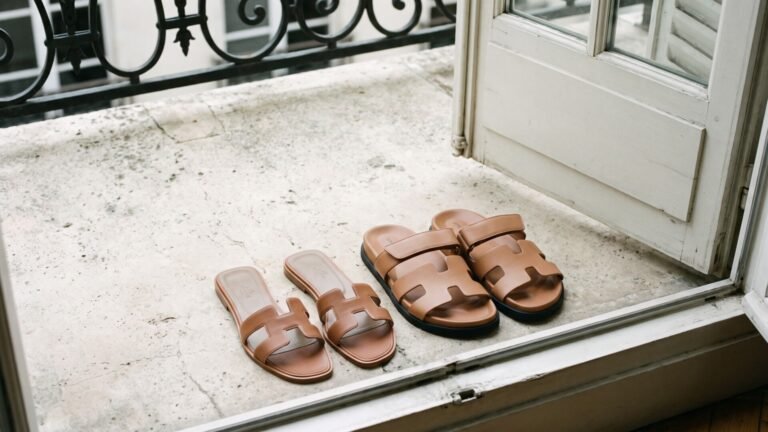 Hermès Oran slides beside chunky Chypre sandals in brown leather on a stone balcony floor