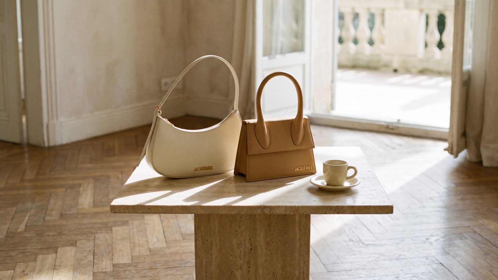 Jacquemus Le Bisou shoulder bag and tan Le Bambino handbag on a sunlit stone pedestal table