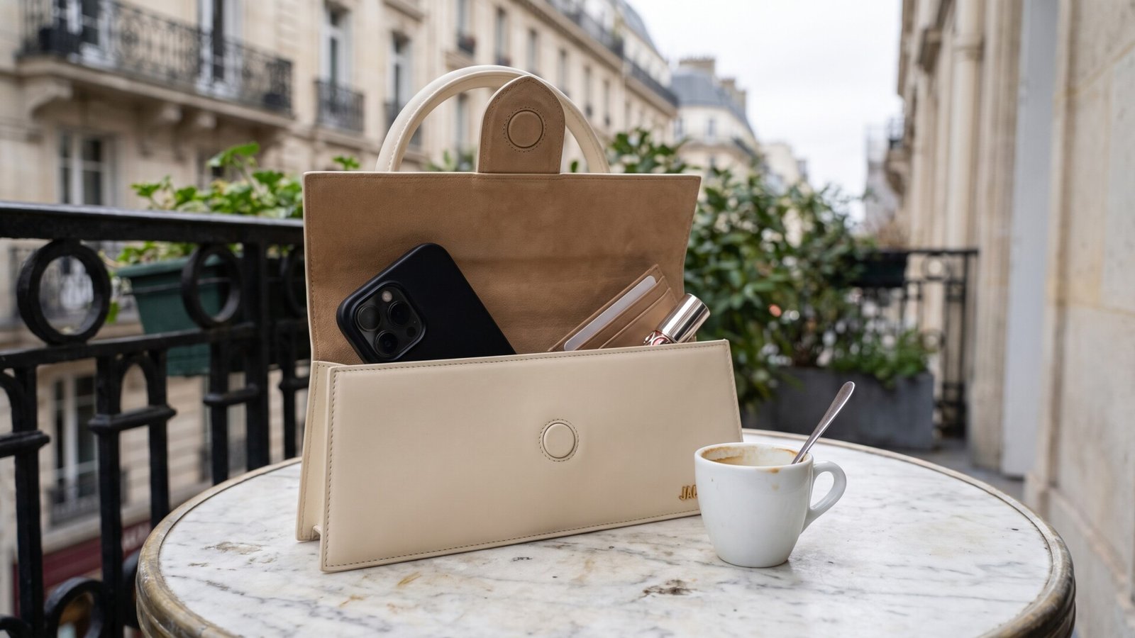 Cream Jacquemus Le Chiquito Long handbag open on a café table holding a phone, cardholder, and lipstick