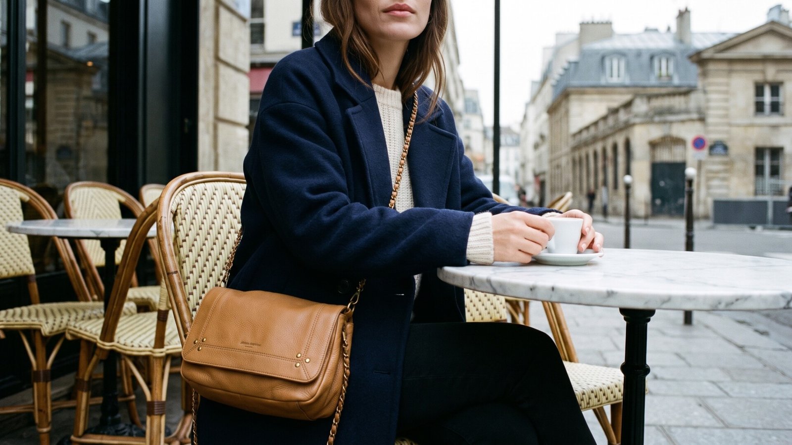 Woman wearing a tan Jérôme Dreyfuss Bobi leather crossbody bag at an outdoor Parisian café table