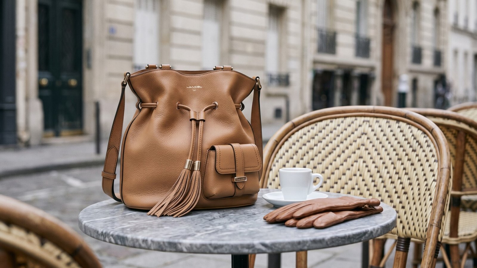 Tan leather Lancel bucket bag with tassels on a marble cafe table alongside espresso and gloves in Paris
