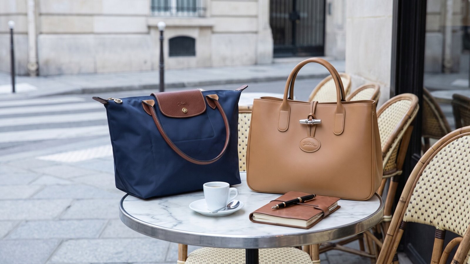 Navy Longchamp Le Pliage and tan Roseau leather tote bags on a marble Parisian bistro table