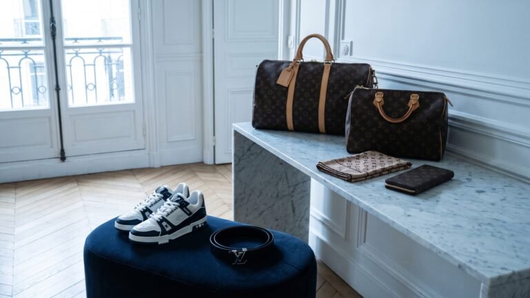 Louis Vuitton monogram travel duffel, handbag, wallet, sneakers, and belt displayed in a luxury room