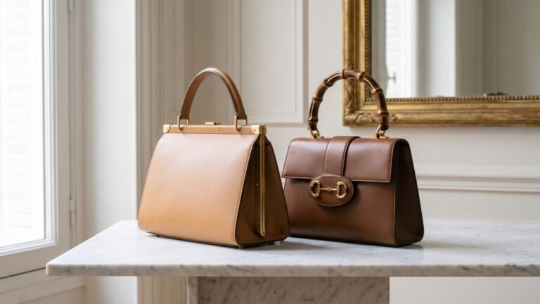 Tan and brown structured designer leather handbags displayed side by side on a marble console table