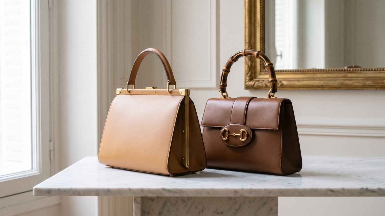 Tan and brown structured designer leather handbags displayed side by side on a marble console table