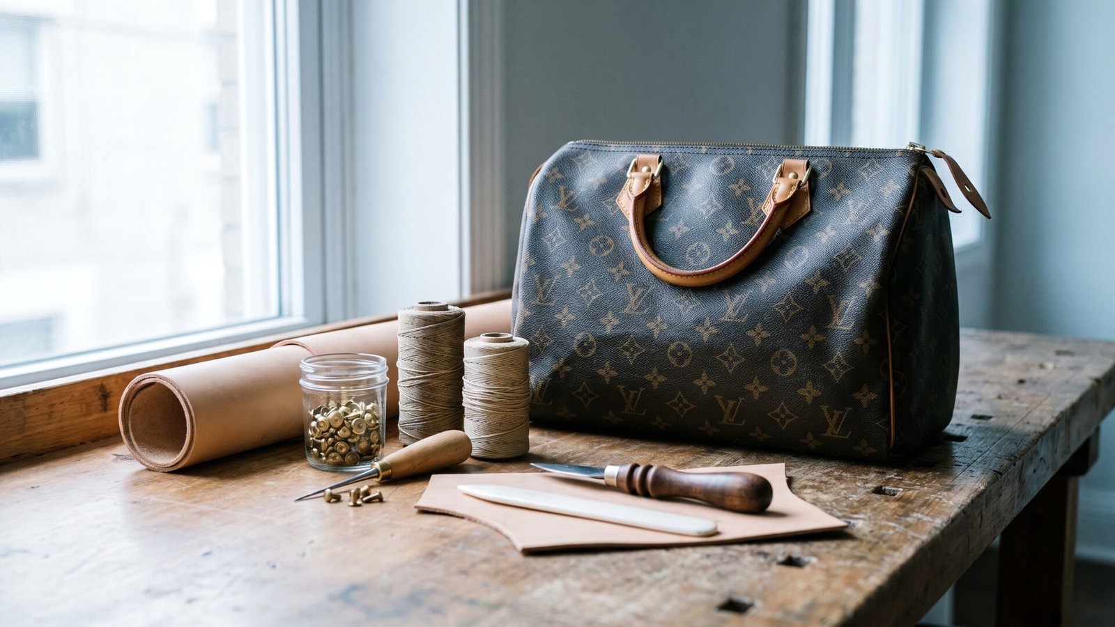 Louis Vuitton monogram handbag on a wooden workbench with leather rolls, thread spools, and brass rivets