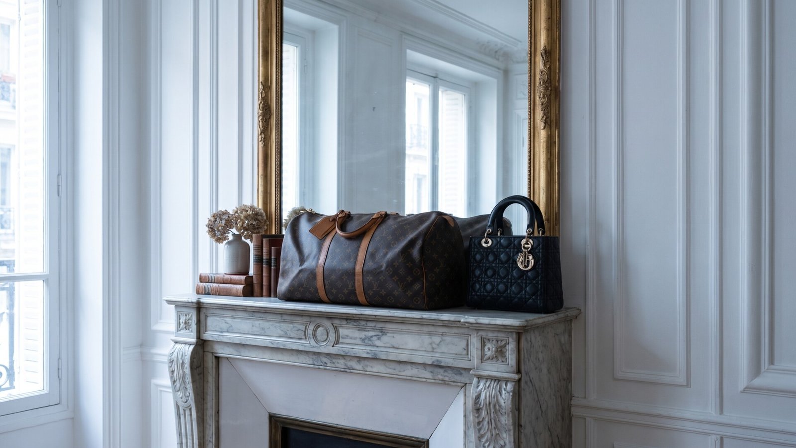 Louis Vuitton monogram duffle bag and black Lady Dior handbag resting on an antique marble fireplace mantel
