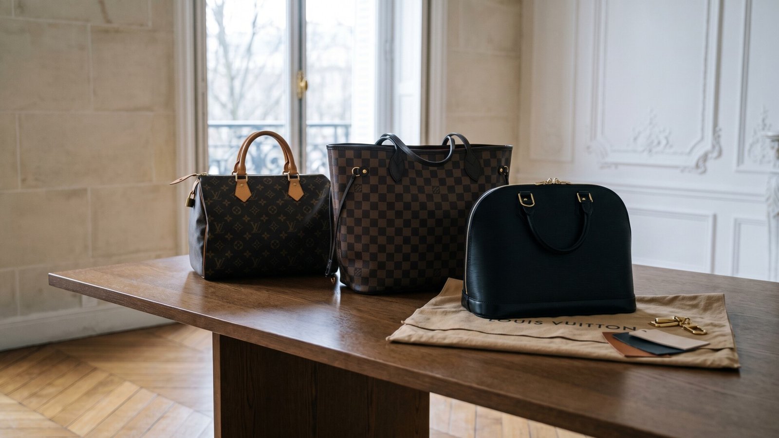 Three Louis Vuitton bags showing Monogram canvas, Damier Ebene canvas, and black Epi leather on a wooden table