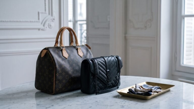 Louis Vuitton monogram Speedy bag beside a black quilted Saint Laurent shoulder bag on a marble table