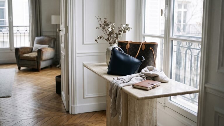 Black asymmetrical shoulder bag next to a classic Louis Vuitton Neverfull tote on a marble console table by a window
