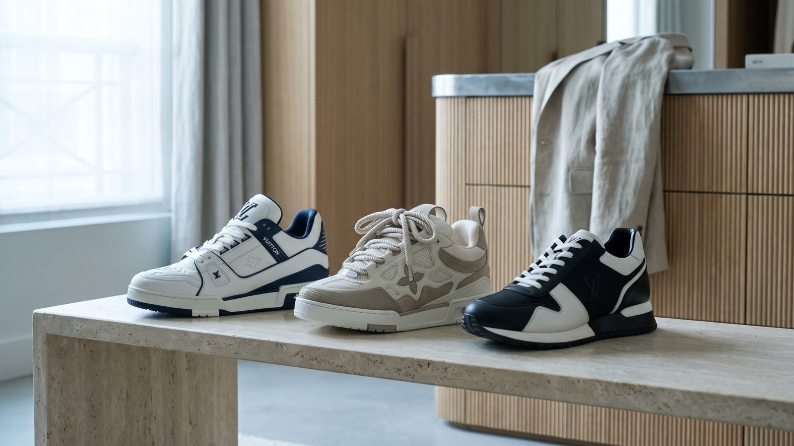 Louis Vuitton Trainer, Skate, and Run Away sneakers displayed side by side on a stone bench