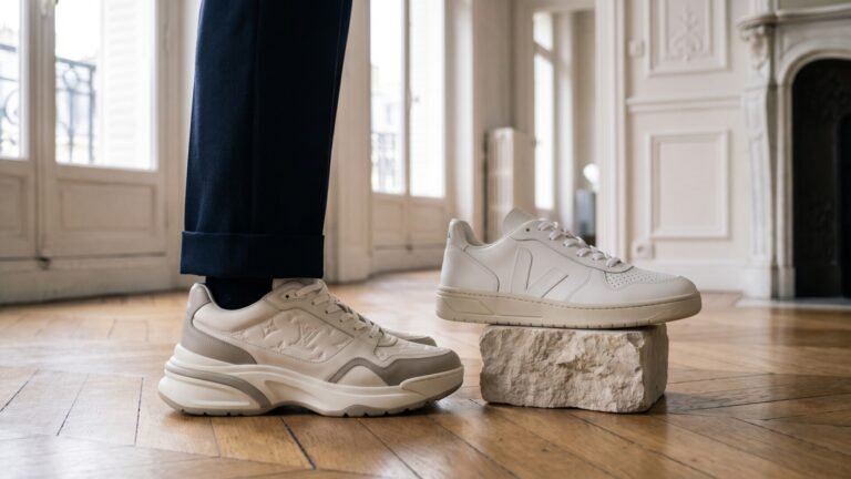 Louis Vuitton sneaker worn beside a white Veja sneaker resting on stone inside a Parisian apartment