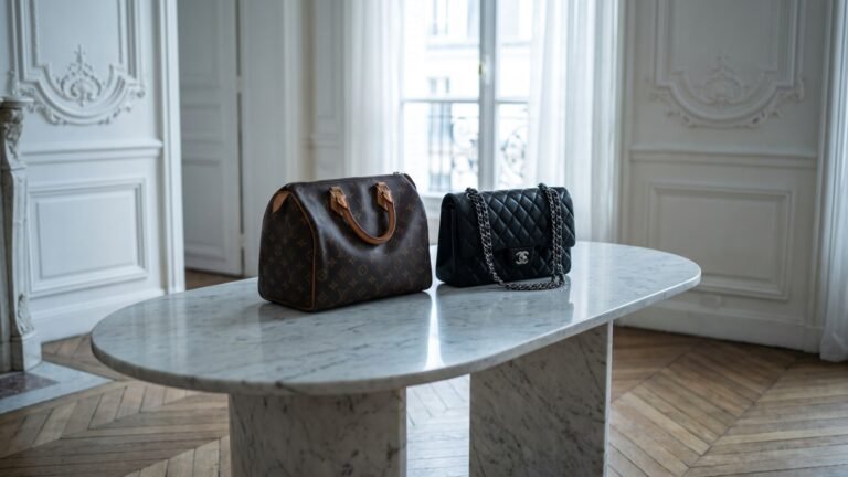 Louis Vuitton monogram Speedy bag beside a black quilted Chanel flap bag on a marble table
