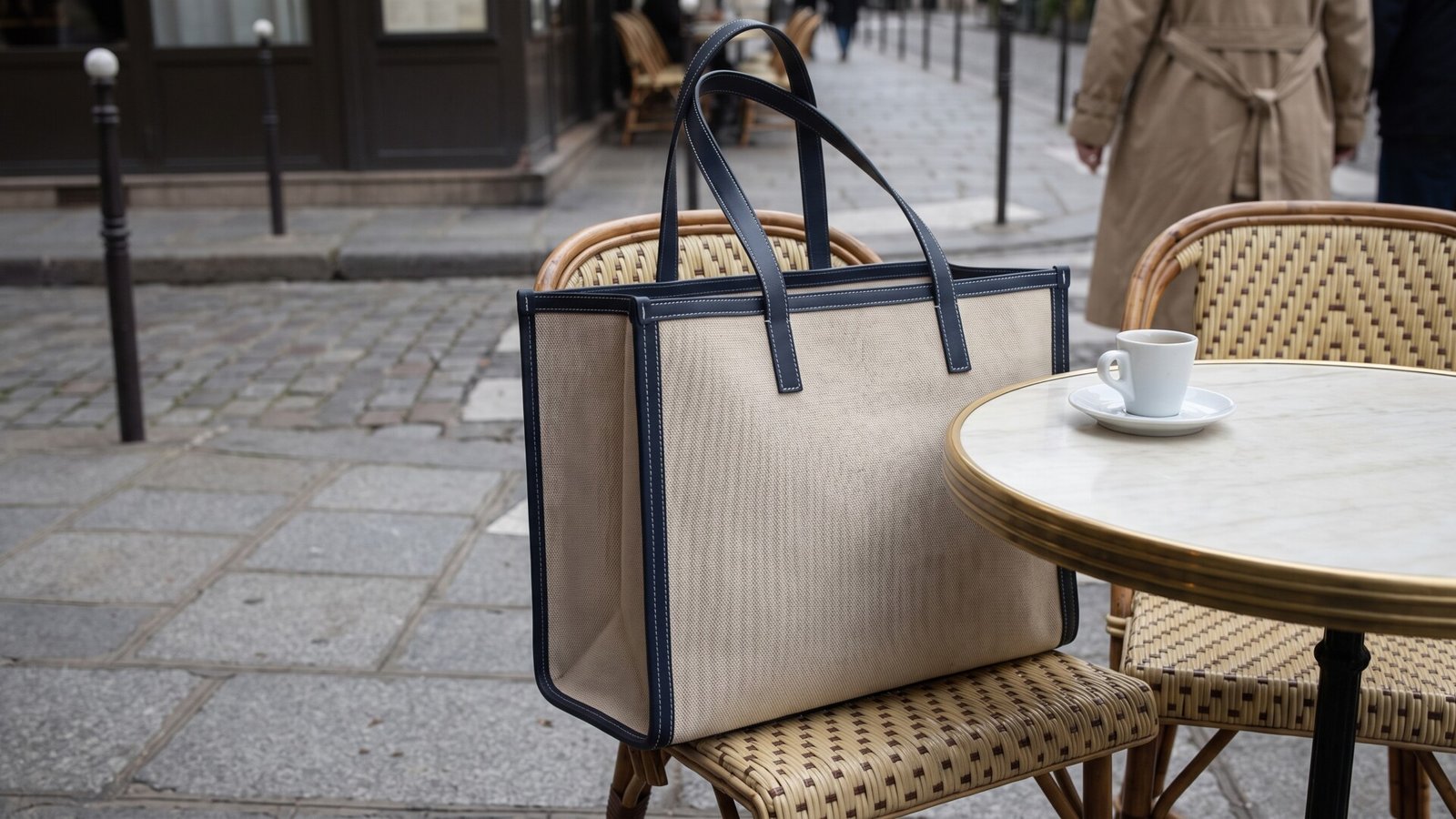 Beige L'Uniform canvas tote bag with dark trim on a woven bistro chair outside a Parisian café