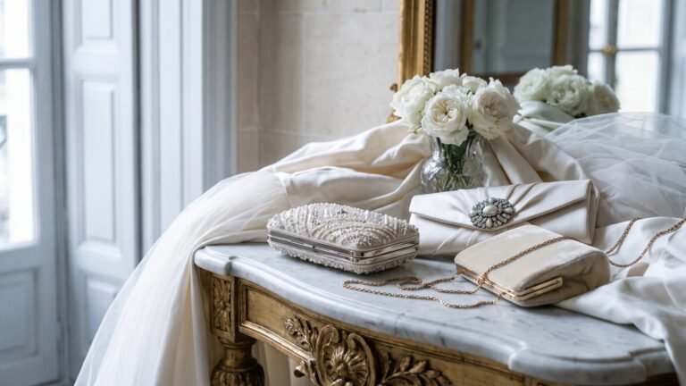Luxury beaded and satin bridal clutches arranged with white roses on an ornate marble console table
