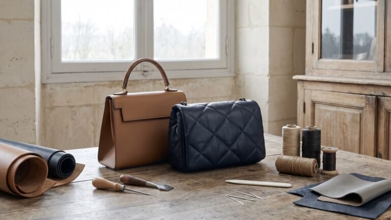 Two handcrafted leather bags displayed with traditional leatherworking tools on an artisan wooden workbench