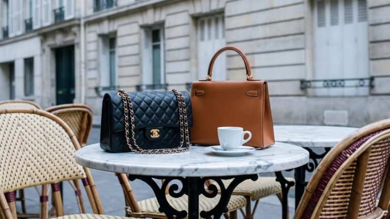 Black quilted Chanel flap bag and tan leather handbag on a marble café table in Paris