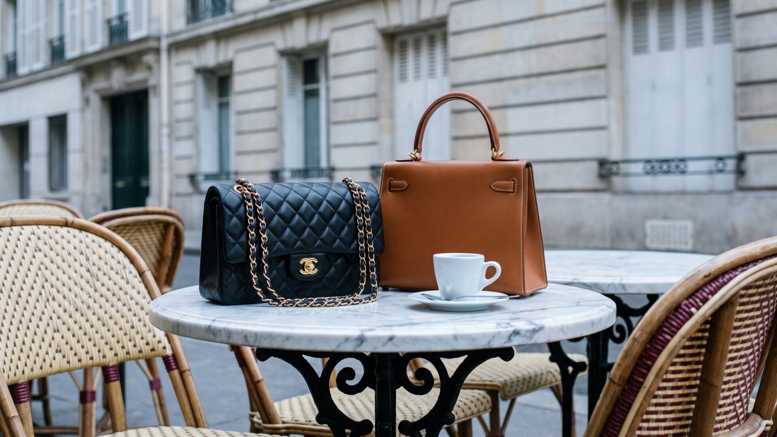 Black quilted Chanel flap bag and tan leather handbag on a marble café table in Paris