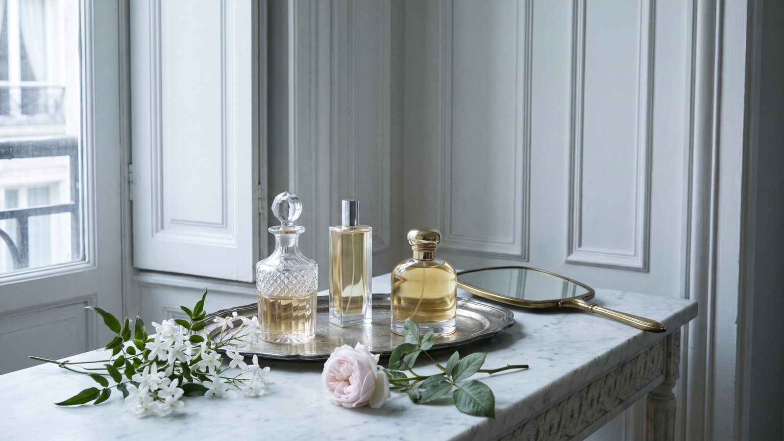 Luxury French perfume bottles and fresh floral botanicals arranged on a marble vanity console beside a brass mirror