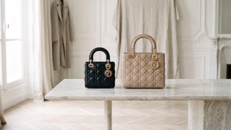 Black mini Lady Dior and beige medium Lady Dior handbags displayed side by side on a marble table