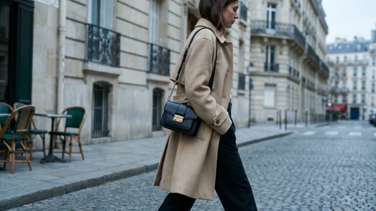 Woman in a beige trench coat carrying a structured black leather shoulder bag on a Parisian cobblestone street