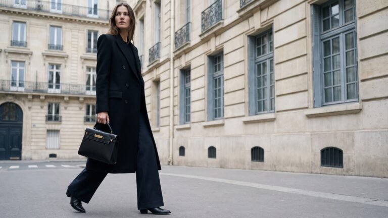 Woman in a sharp black tailored overcoat carrying a structured black leather handbag on a Parisian street