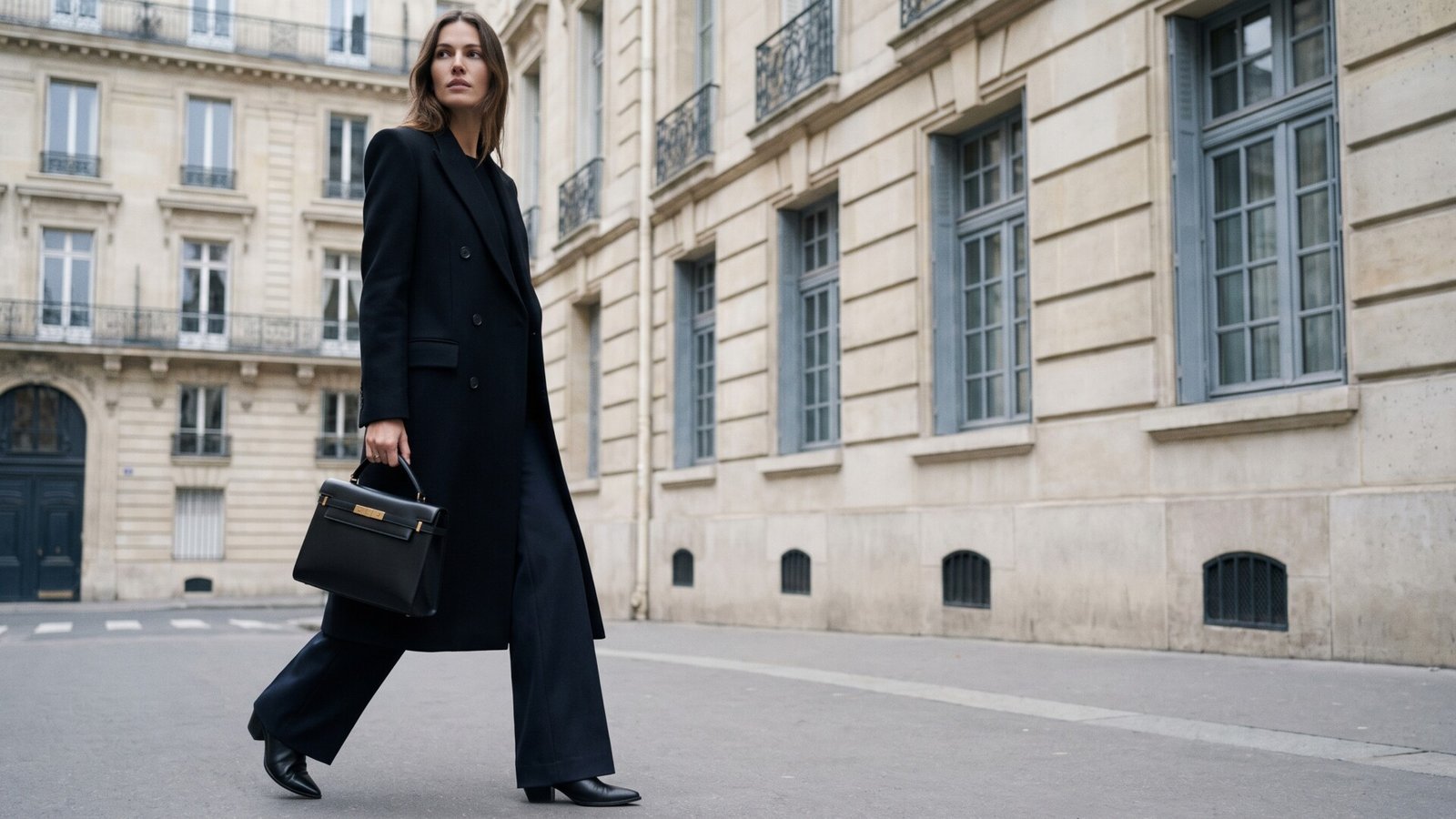 Woman in a sharp black tailored overcoat carrying a structured black leather handbag on a Parisian street