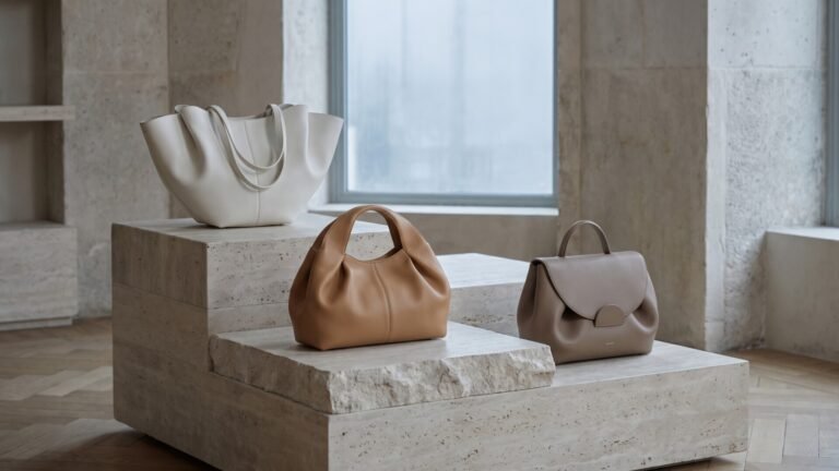 Three neutral Polène leather handbags displayed on tiered stone pedestals beside a window