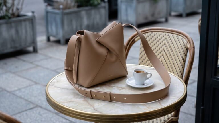 Beige sculptural Polène leather handbag beside an espresso cup on an outdoor marble café table