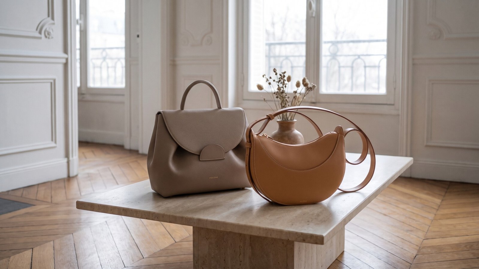 Two neutral Polène leather handbags displayed on a stone coffee table in a bright Parisian apartment