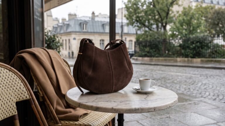 Chocolate brown Polène Moka suede handbag resting on a marble café table next to an espresso cup