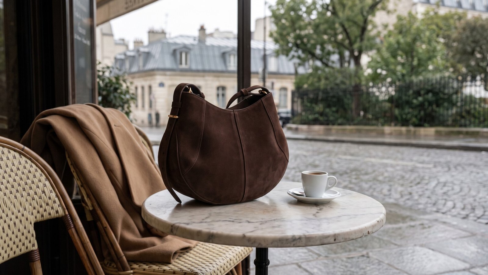 Chocolate brown Polène Moka suede handbag resting on a marble café table next to an espresso cup