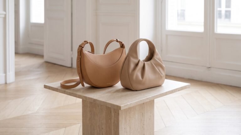 Polène Numéro Dix and Numéro Neuf leather handbags displayed side by side on a stone pedestal