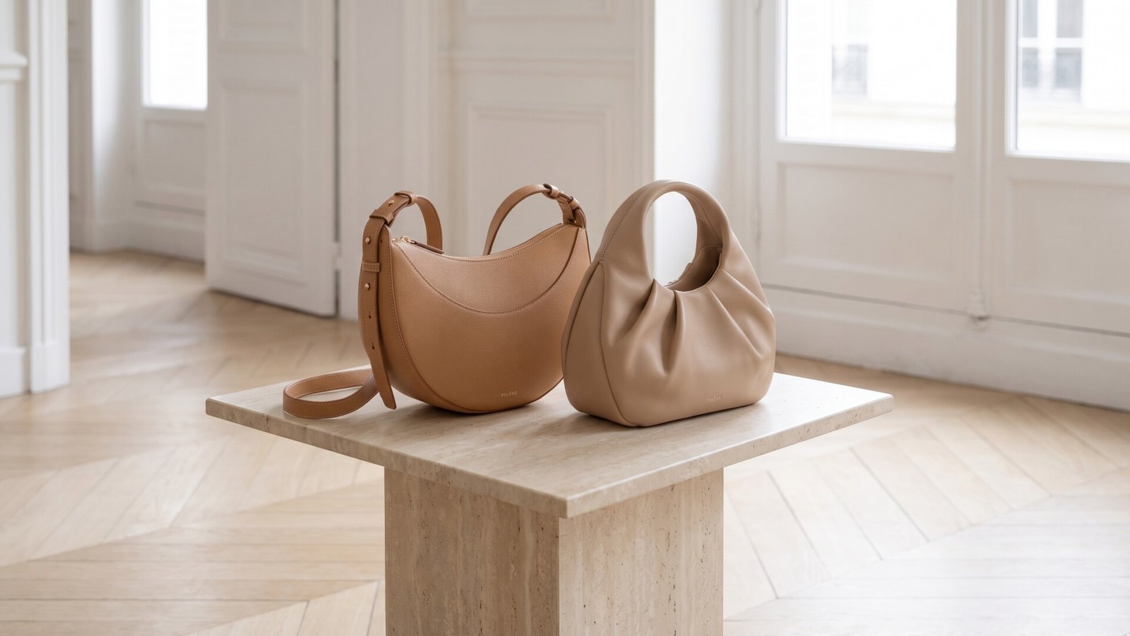 Polène Numéro Dix and Numéro Neuf leather handbags displayed side by side on a stone pedestal