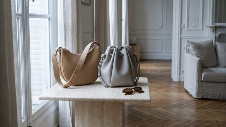 Polène Numéro Dix shoulder bag and Numéro Huit bucket bag resting side by side on a marble pedestal table