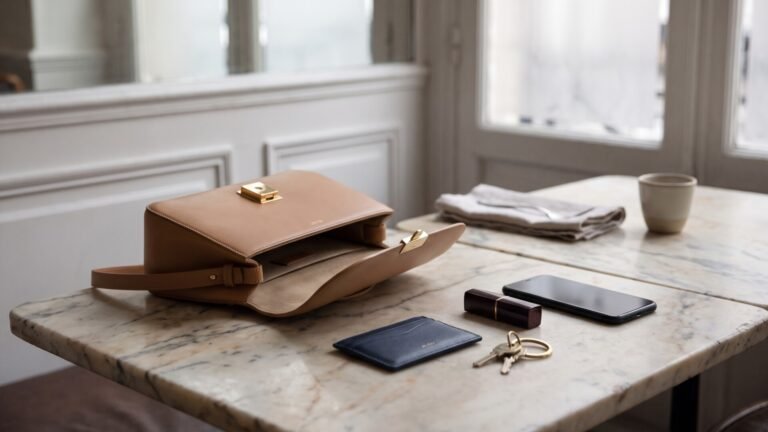Open tan leather Polène Numéro Sept Mini bag on a marble table beside a phone, cardholder, keys, and lipstick