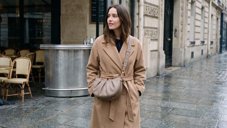 Woman wearing a camel coat and taupe Polène Tonca crossbody bag on a wet Parisian sidewalk outside a café