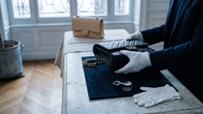 Specialist in white gloves inspecting a black pre-owned Chanel Classic Flap bag on an appraisal table