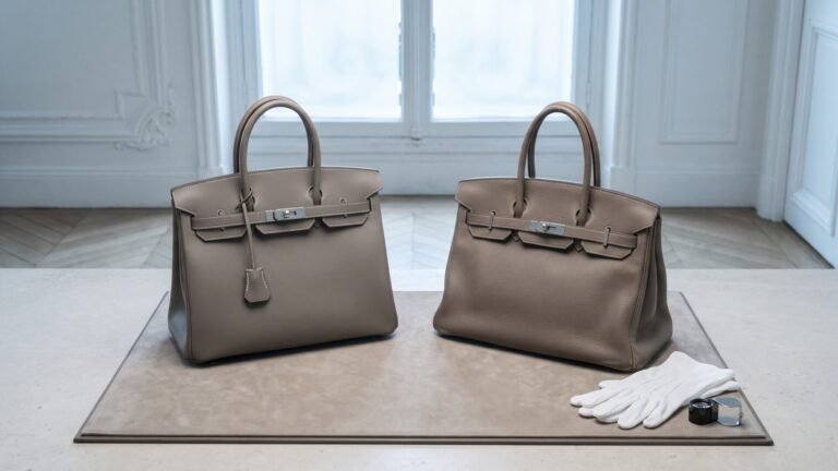 Structured and relaxed Hermès Birkin bags displayed side by side on an appraisal table with white gloves