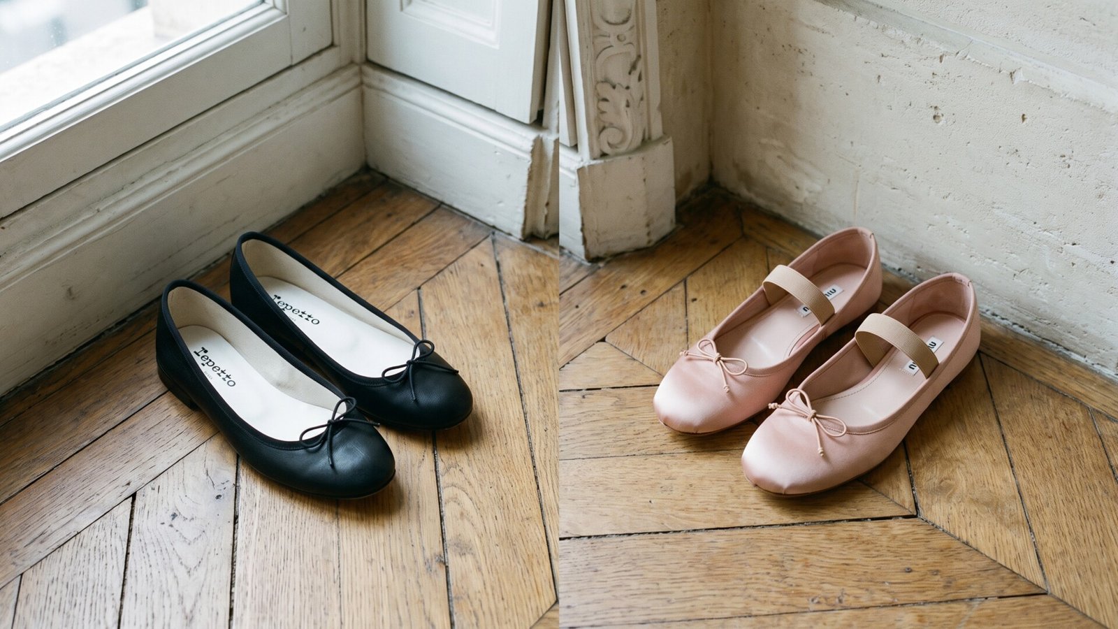 Black leather Repetto Cendrillon flats alongside pink satin Miu Miu ballet flats on parquet flooring