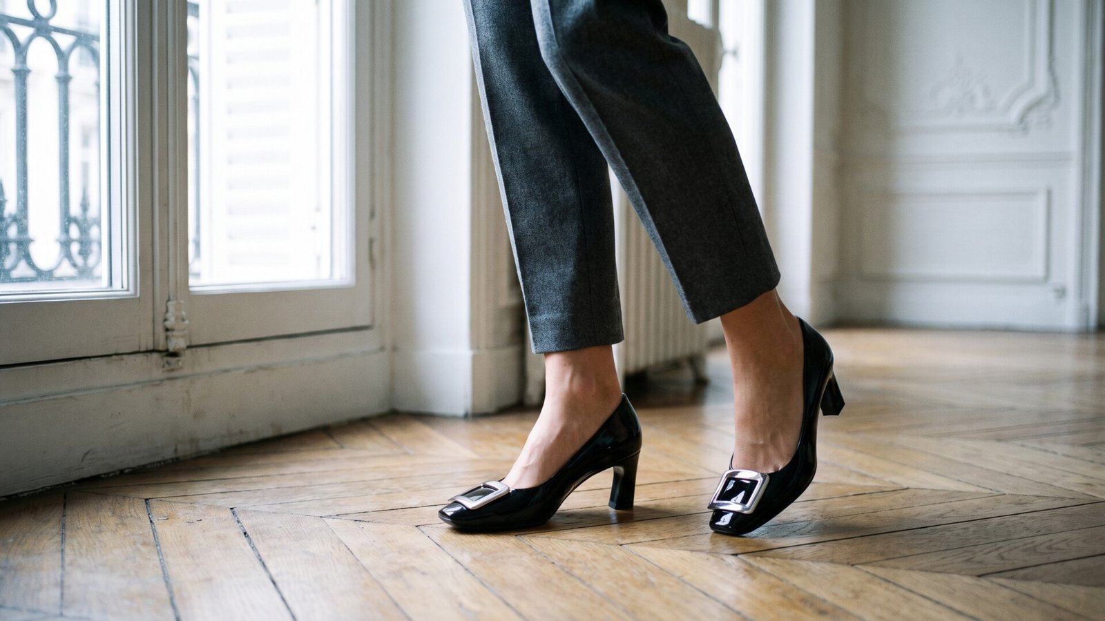 Black patent Roger Vivier Belle Vivier buckle pumps paired with cropped tailored trousers on parquet flooring