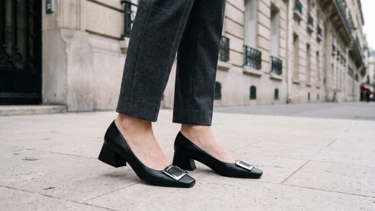 Black Roger Vivier Belle Vivier buckle pumps styled with tailored grey trousers on a city sidewalk