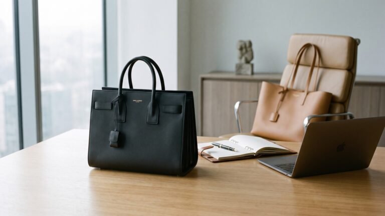 Black Saint Laurent Sac de Jour handbag and tan leather tote in a modern executive office setting