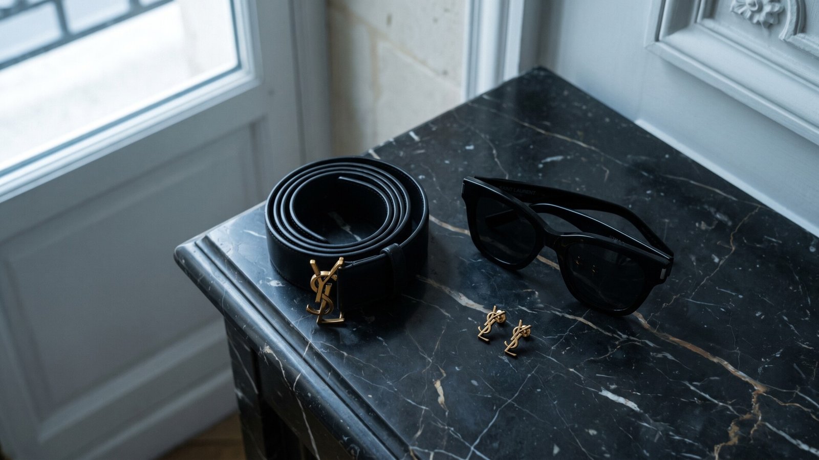 Black Saint Laurent leather belt with gold monogram buckle, sunglasses, and YSL earrings on a dark marble table