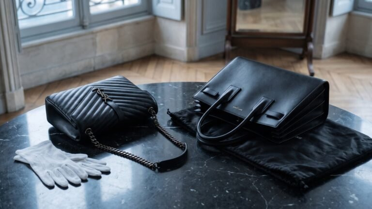 Two classic black Saint Laurent leather handbags arranged with white inspection gloves on a dark marble table