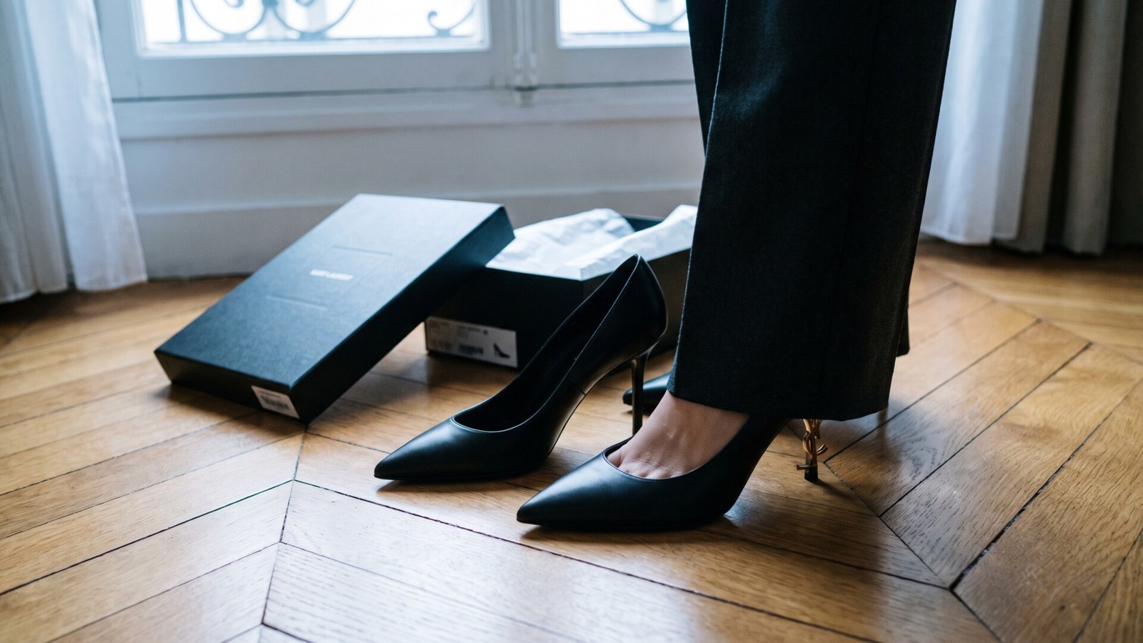 Woman trying on black leather Saint Laurent pointed-toe pumps next to an open shoe box on a chevron wood floor